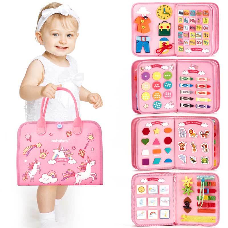 Fidtoy 8-in-1 Montessori Busy Board for Toddlers | Portable Felt Activity Toy for Learning Life Skills