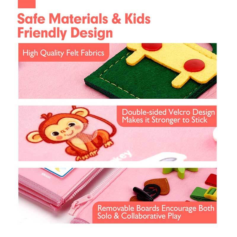 Fidtoy 8-in-1 Montessori Busy Board for Toddlers | Portable Felt Activity Toy for Learning Life Skills