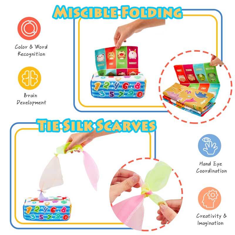 Fidtoy Baby Sensory Tissue Box Toy – Montessori Crinkle Papers, Colorful Scarves & Hand Rattle for Infants 6–12 Months