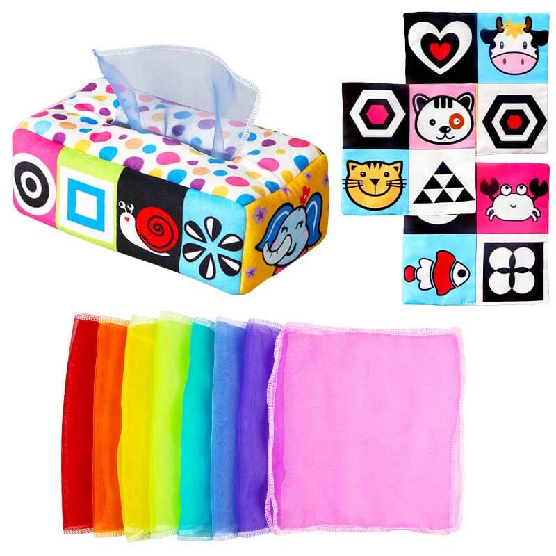 Fidtoy Baby Sensory Tissue Box Toy – Montessori Crinkle Papers, Colorful Scarves & Hand Rattle for Infants 6–12 Months