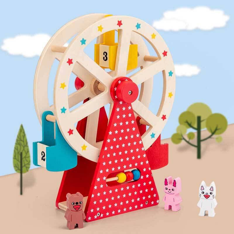 Fidtoy Wooden Ferris Wheel Toy for Toddlers | Pre-Assembled with Three Animal Friends | Interactive Hand-Crank Toy