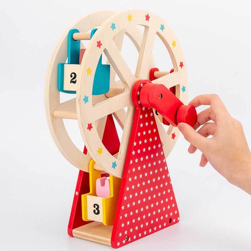 Fidtoy Wooden Ferris Wheel Toy for Toddlers | Pre-Assembled with Three Animal Friends | Interactive Hand-Crank Toy