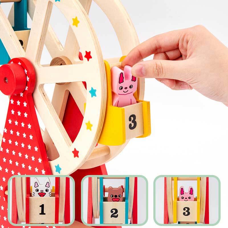 Fidtoy Wooden Ferris Wheel Toy for Toddlers | Pre-Assembled with Three Animal Friends | Interactive Hand-Crank Toy