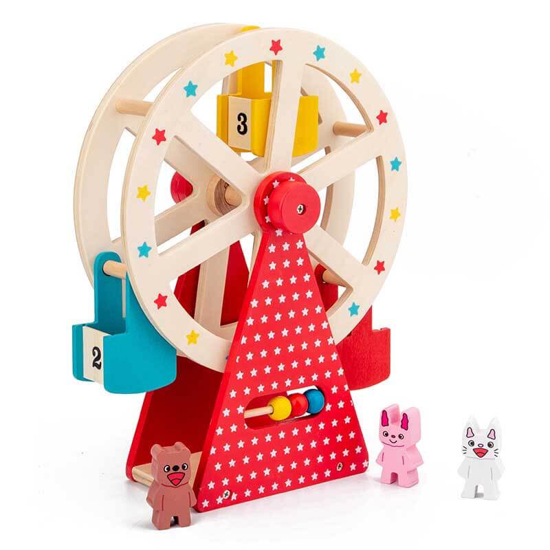 Fidtoy Wooden Ferris Wheel Toy for Toddlers | Pre-Assembled with Three Animal Friends | Interactive Hand-Crank Toy