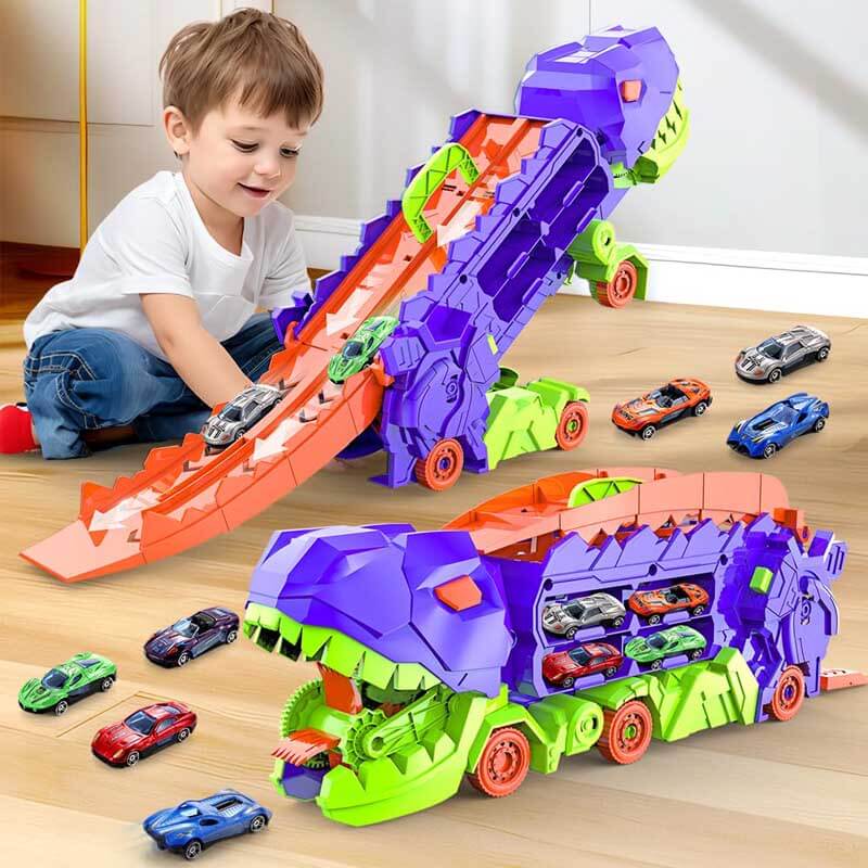Fidtoy Dinosaur Transport Truck Toy 4 in 1 Race Track Playset