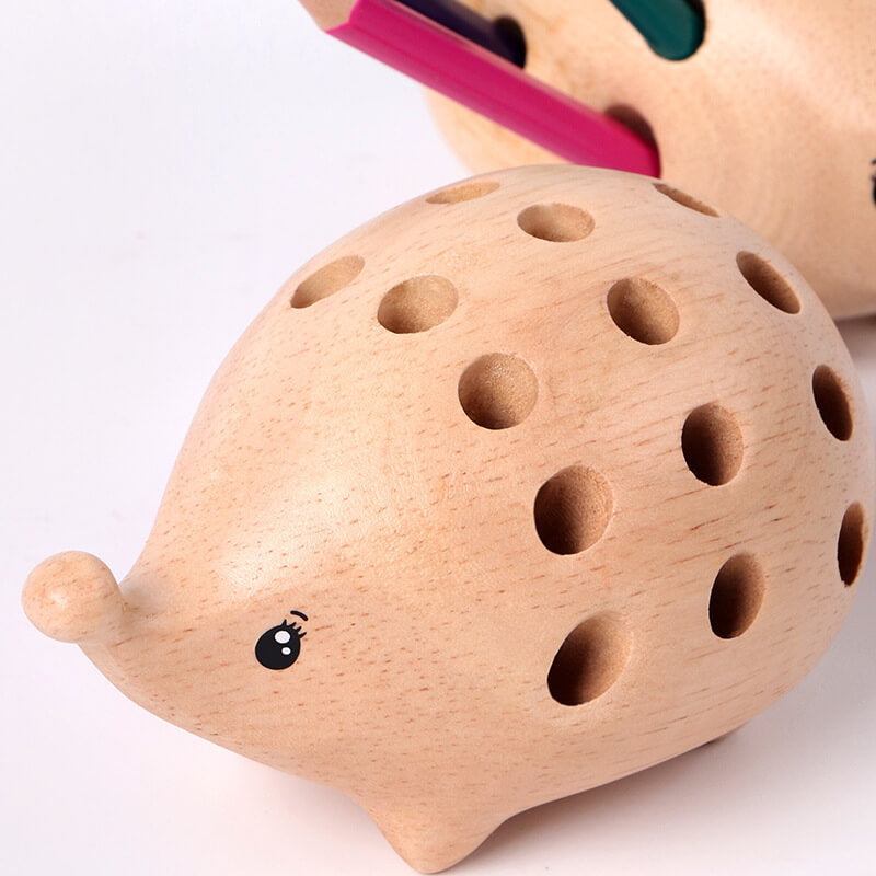 Fidtoy Wooden Hedgehog Pen Holder | 24-Hole Desk Organizer for Kids & Office