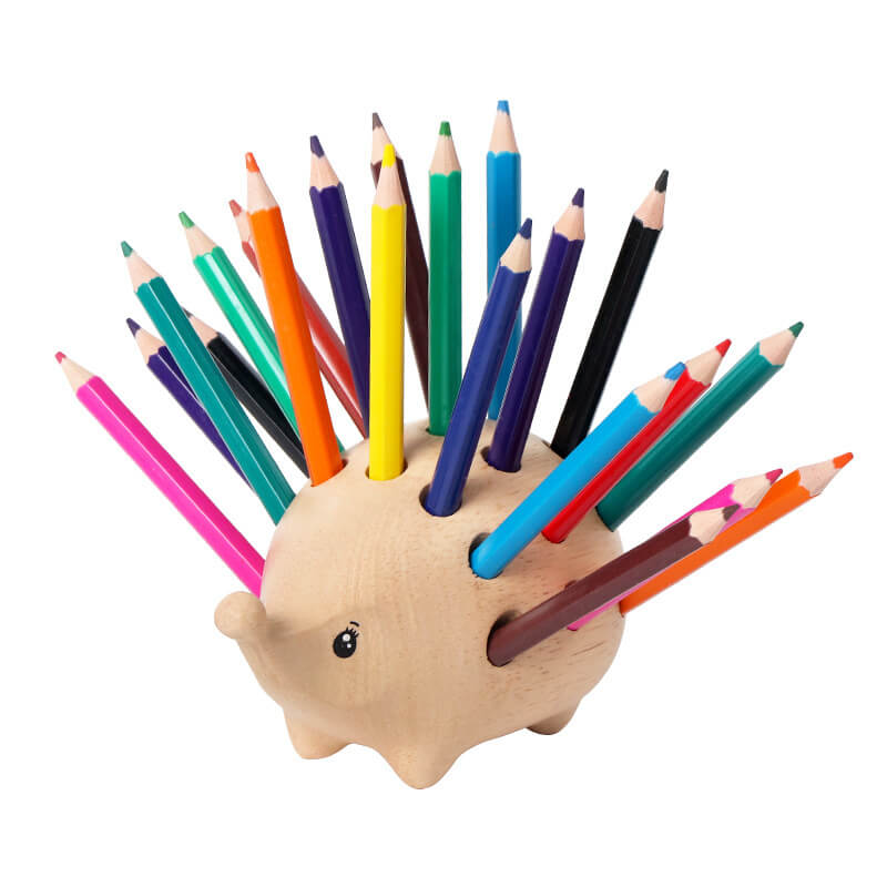 Fidtoy Wooden Hedgehog Pen Holder | 24-Hole Desk Organizer for Kids & Office