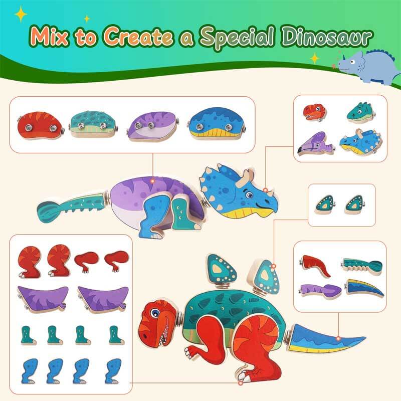 Fidtoy Blocs de construction en bois Dinosaure – Jouet éducatif STEM pour tout-petits
