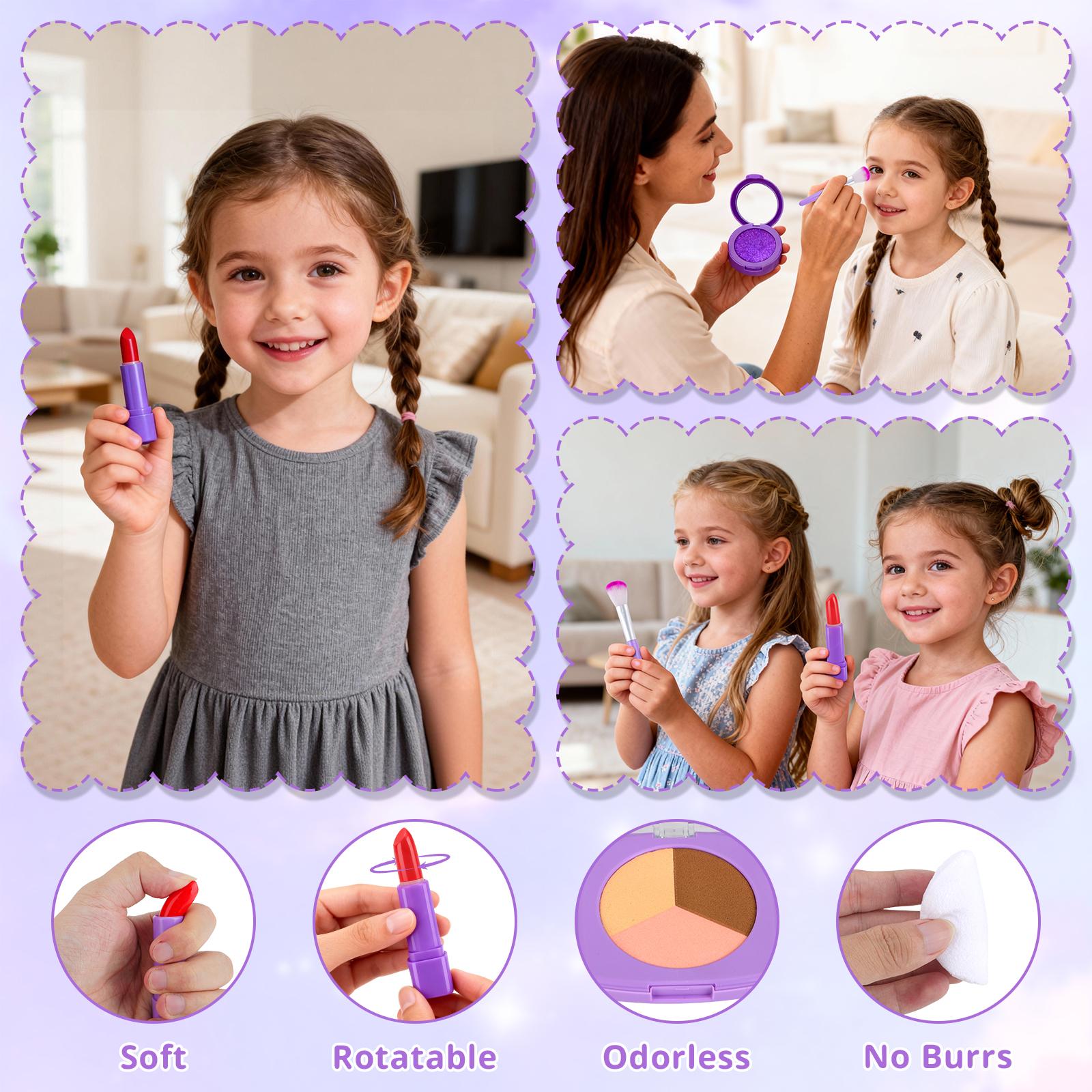 Girls Pretend Makeup Kit with Carry Case My First Kids Makeup Playset for Toddlers Safe Mess-Free Fake Makeup Complete Playset for Imagination Role Play Early Learning Perfect Gift for Girls 3+