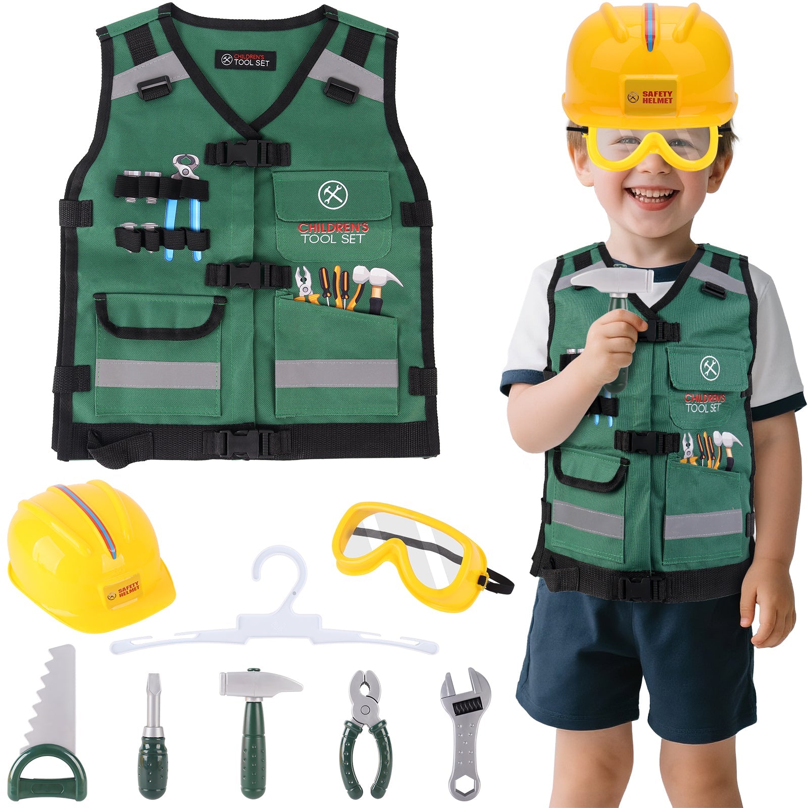 Role Play Clothes Set Construction Role Play Costume Realistic Builder Vest, Safety Helmet, Toy Tools & Accessories- STEM Pretend Play Kit for Boys and Girls Ages 3+ - Dress-Up Gift