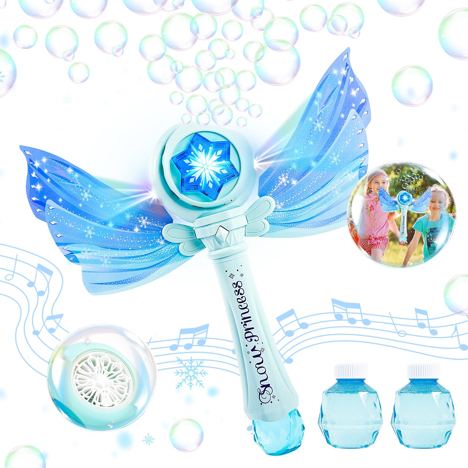 Magical Princess Bubble Wand with Wings Automatic Bubble Machine for Kids with Music Lights Indoor Outdoor Garden Adorable Toy for Kids