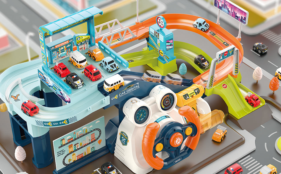 Car Garage Tracks Simulation Steering Wheel Toy Set Vehicle Playsets with Musical Puzzle Car Tracks Gifts for Child