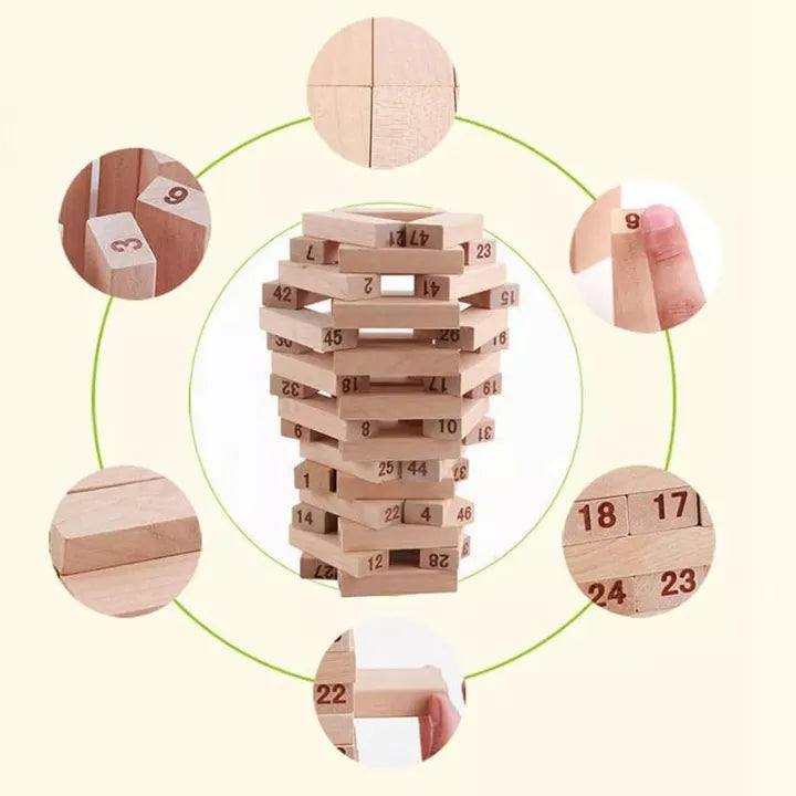 Wooden Number Jenga Puzzle with Dice
