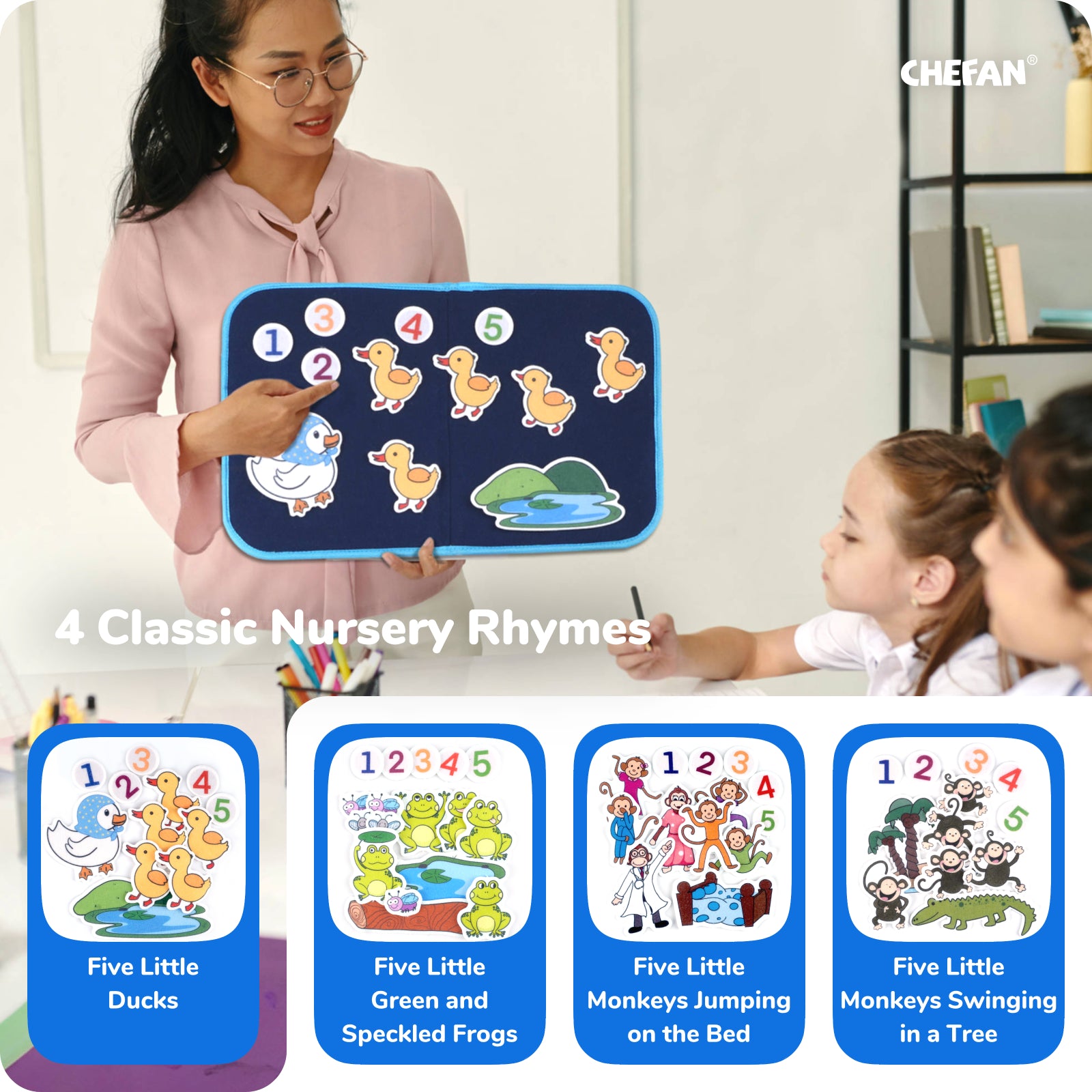 CHEFAN Felt Board for Toddlers, Felt Pieces Storytelling Flannel Board with 5 Little Ducks, 5 Little Monkeys and 5 Green Speckled Frogs Stories for Preschool Activities, 4 Sets