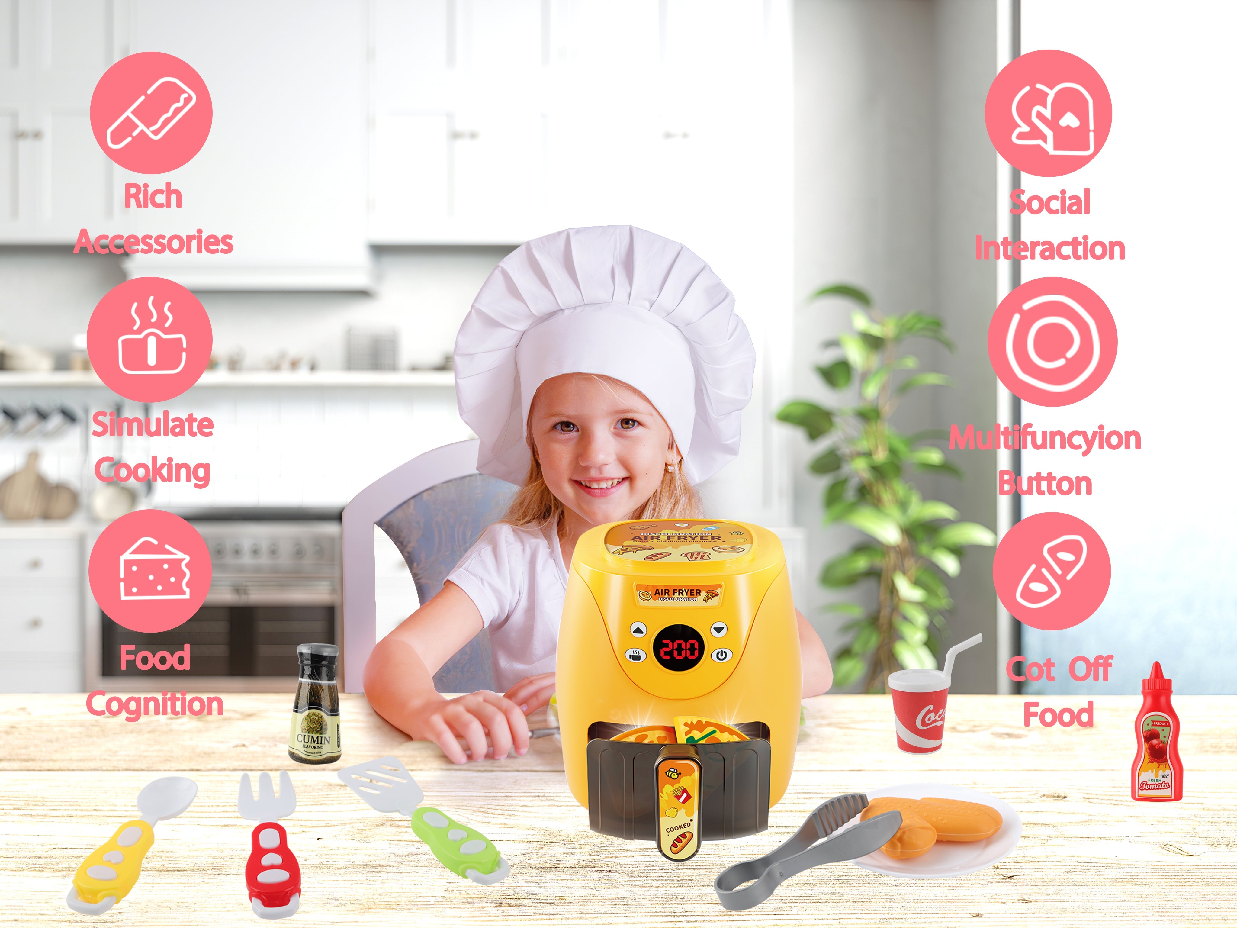 Kitchen Play Set Kids Air Fryer Pretend Role Play Kitchen Toy with Kitchen Accessories with Realistic Light Sound & Play Food