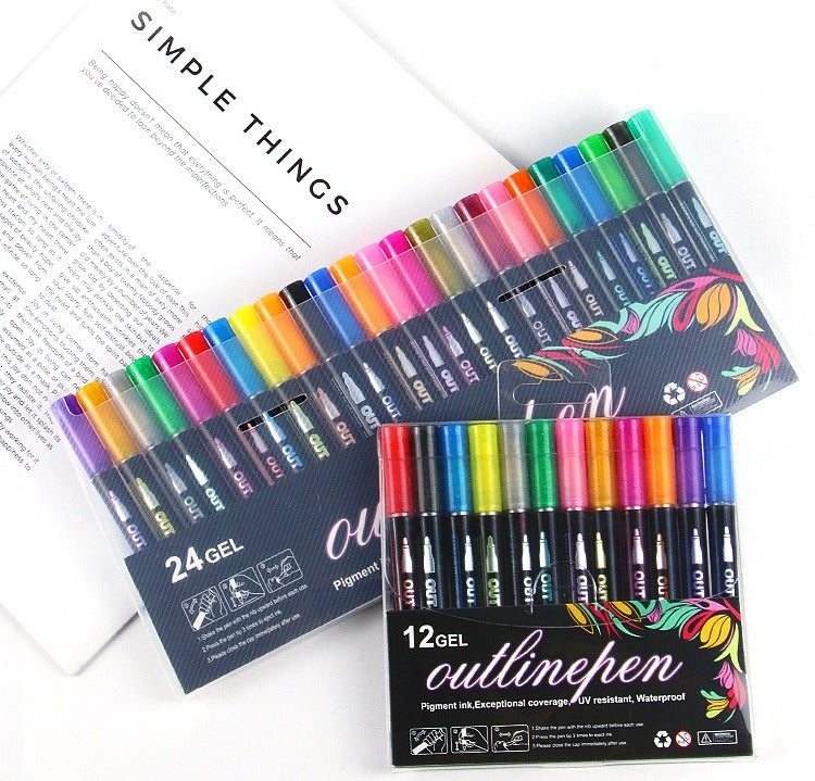 Colorful Outline Gel Markers Non Toxic - 12 Pieces