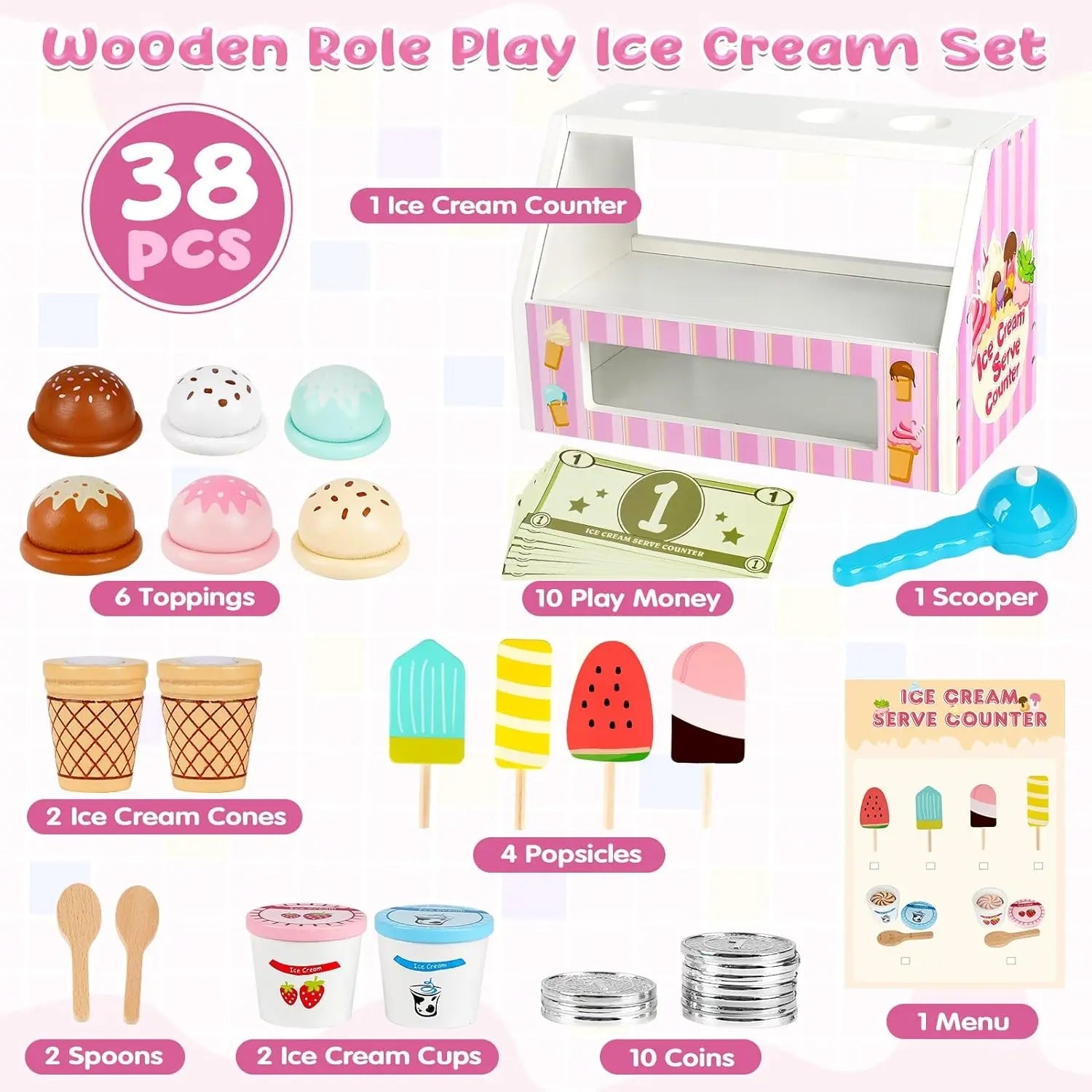 Set de helados de madera de 38 piezas para niños pequeños