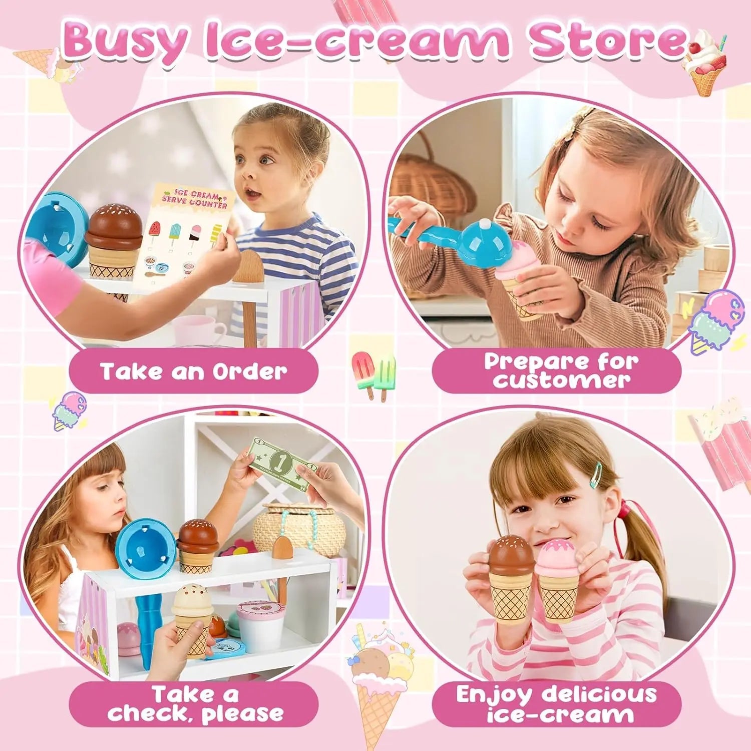 Set de helados de madera de 38 piezas para niños pequeños