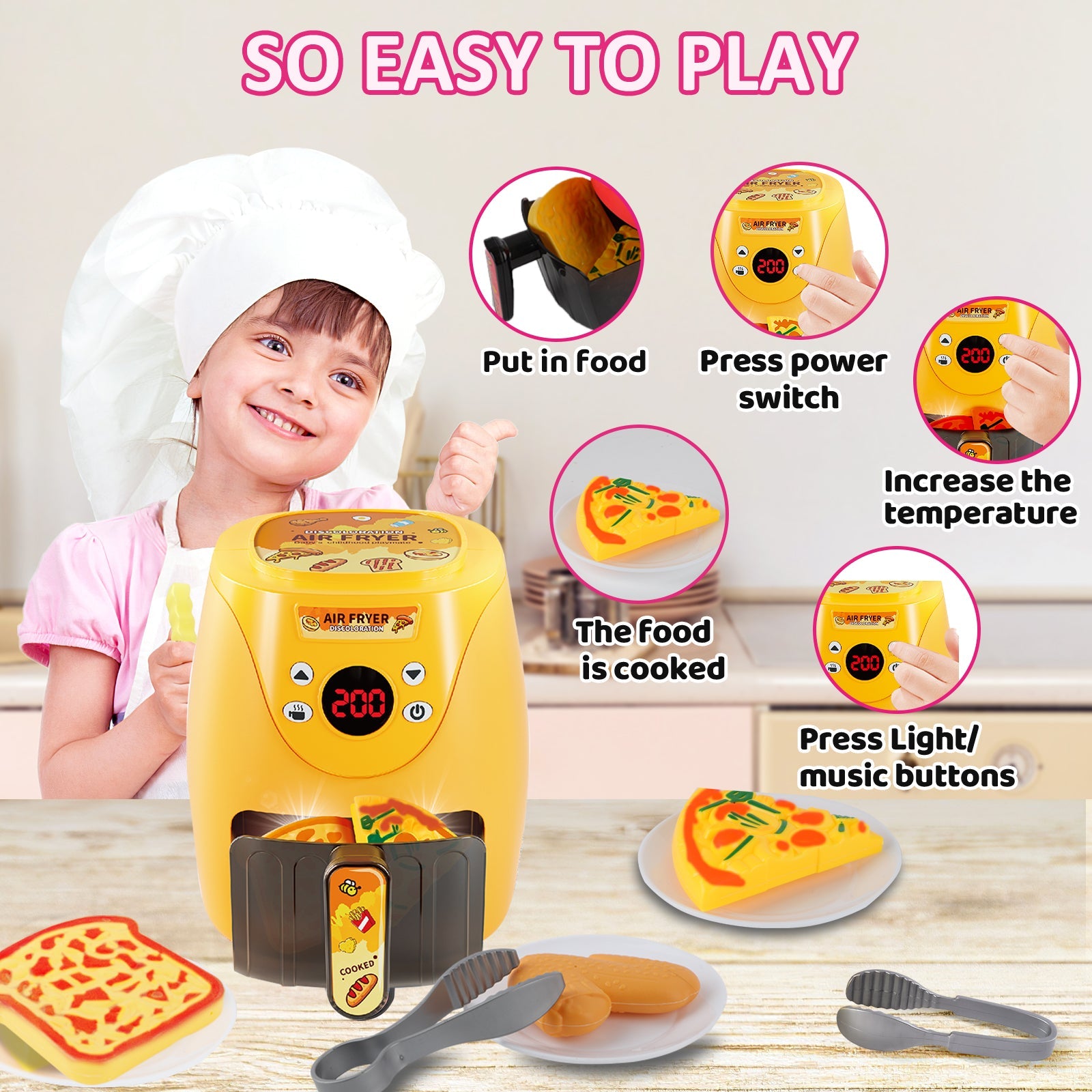 Kitchen Play Set Kids Air Fryer Pretend Role Play Kitchen Toy with Kitchen Accessories with Realistic Light Sound & Play Food