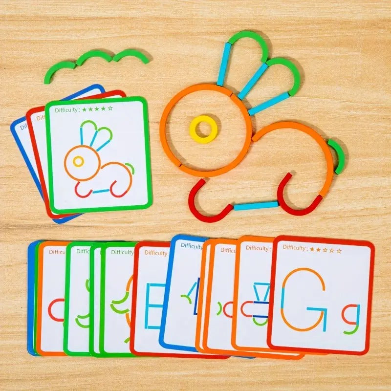 Wooden Sticks and Rings Pattern Matching Puzzle Cards - D41