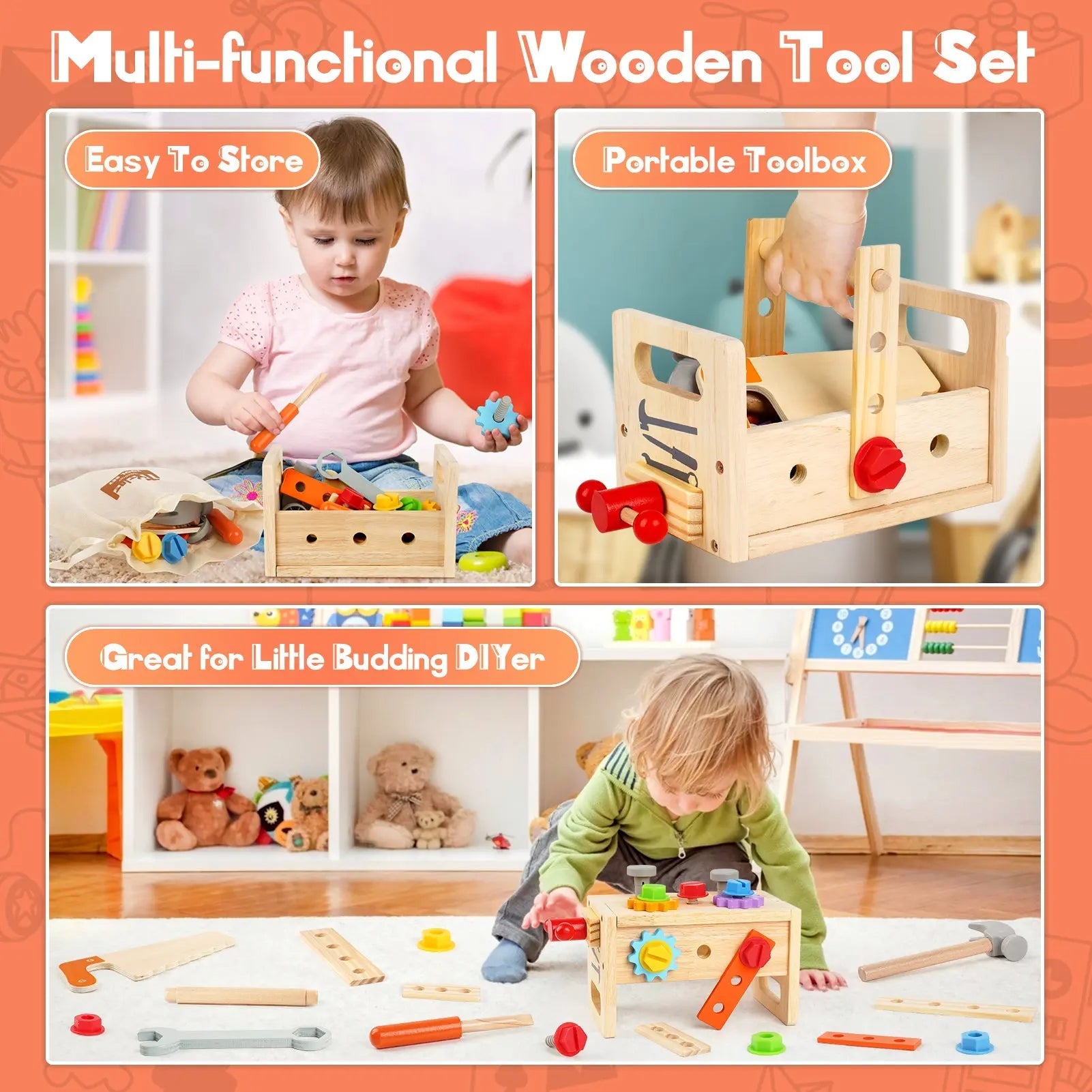 Fidtoy Juego de herramientas de madera para niños, 30 piezas, juguete de construcción para juegos de imitación para niños pequeños
