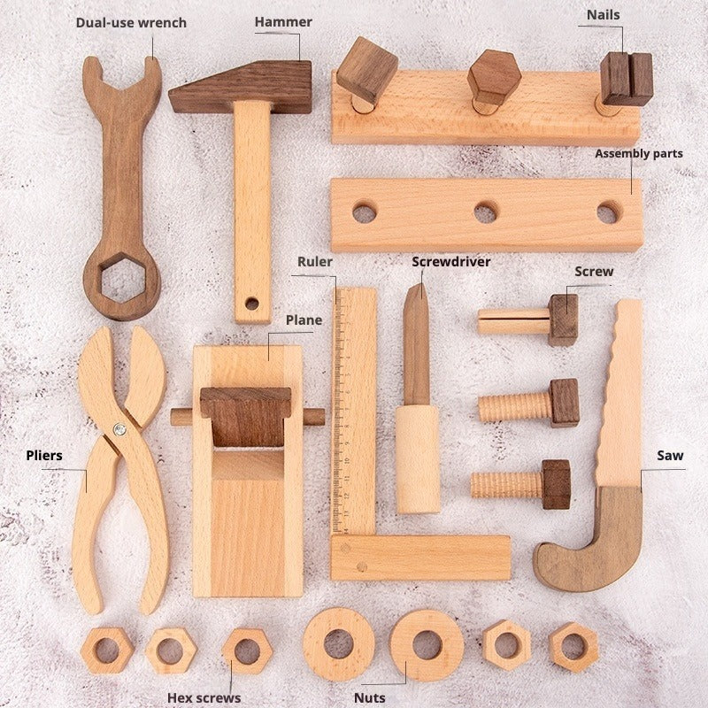 Juego de herramientas de madera Montessori para niños - Kit de construcción de juego de imitación con caja de almacenamiento