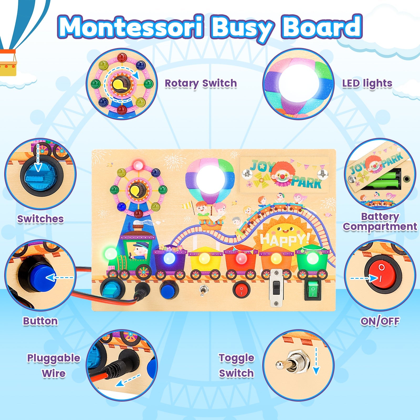 Montessori Wooden Busy Board -Light-Up Sensory Activity Toy for Toddlers, Fine Motor Skills Learning Toy for Ages 1-4, Travel-Friendly Fidget Board for Boys & Girls