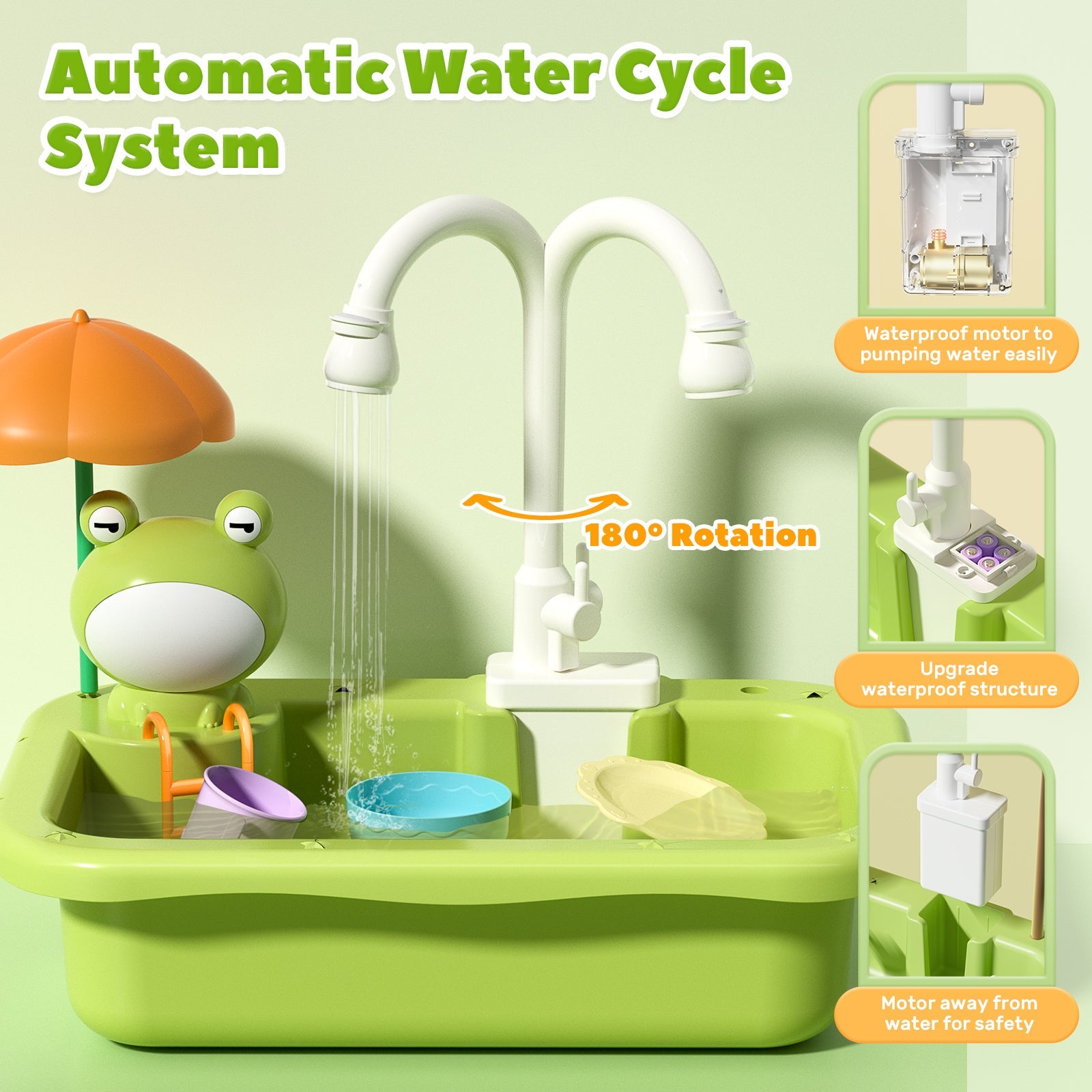 CUTE STONE Play Sink with Running Water, Kitchen Sink Toys with Upgraded Electric Faucet, Play Kitchen Toy Accessories, Pool Floating Fishing Toys for Water Play, Kids Role Play Dishwasher Toy