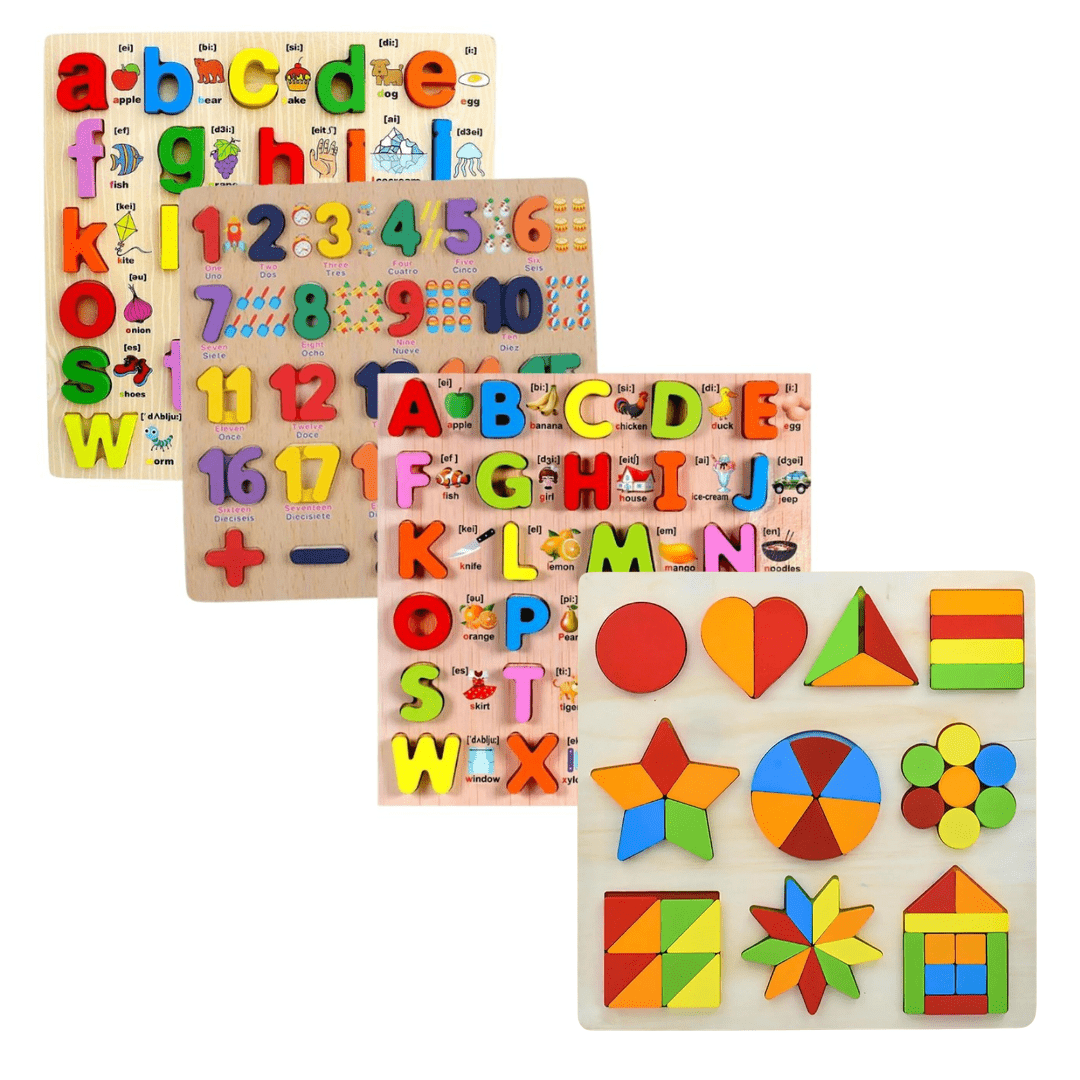 3D Alphabet Board with picture print, Capital, Small, Number and Shapes board - 4 in 1 Combo
