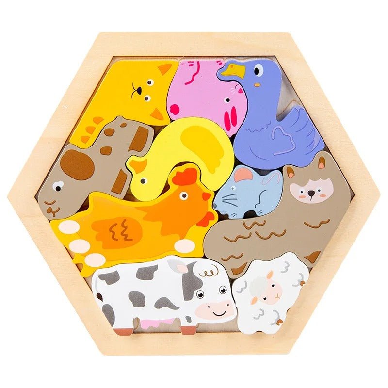 3D Hexagon Puzzle Board Colorful Wooden Cartoon Mammals Fruits Vehicles Dinosaur
