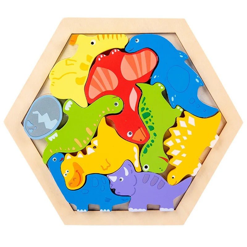 3D Hexagon Puzzle Board Colorful Wooden Cartoon Mammals Fruits Vehicles Dinosaur