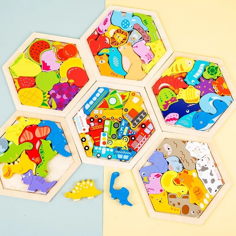 3D Hexagon Puzzle Board Colorful Wooden Cartoon Mammals Fruits Vehicles Dinosaur
