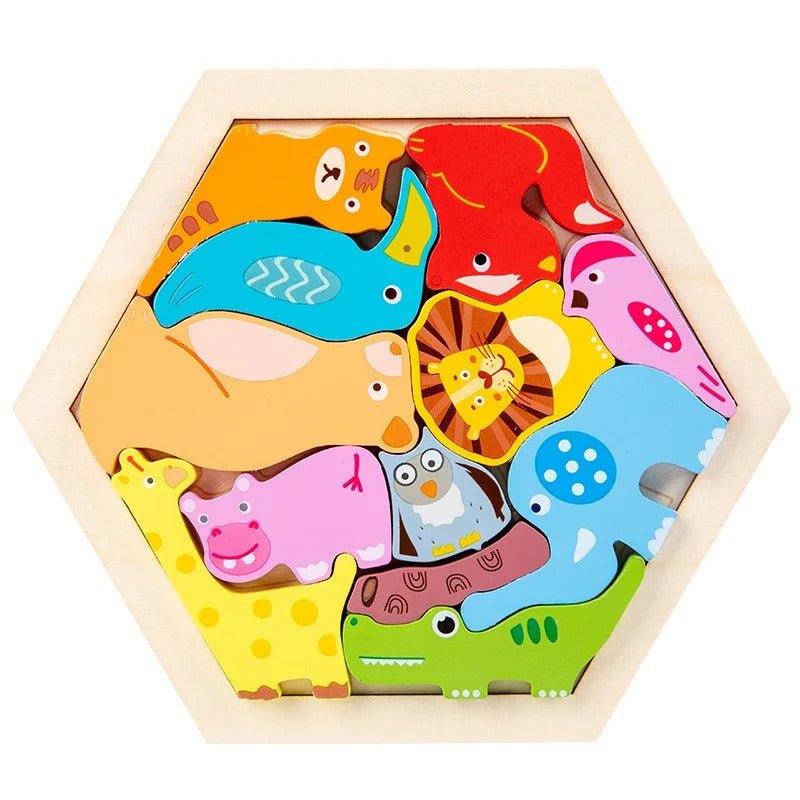 3D Hexagon Puzzle Board Colorful Wooden Cartoon Mammals Fruits Vehicles Dinosaur