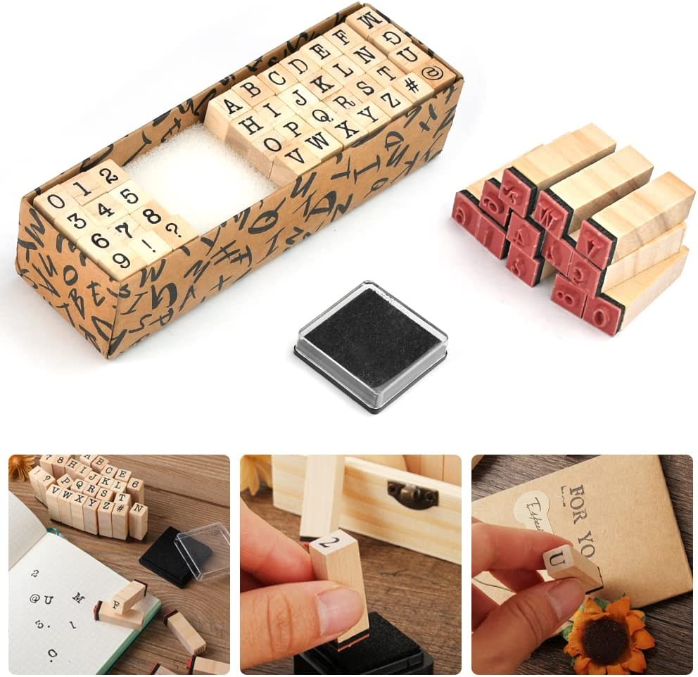Tampon en Bois Chiffres et Lettres avec Tampon Encreur – 40 Pièces