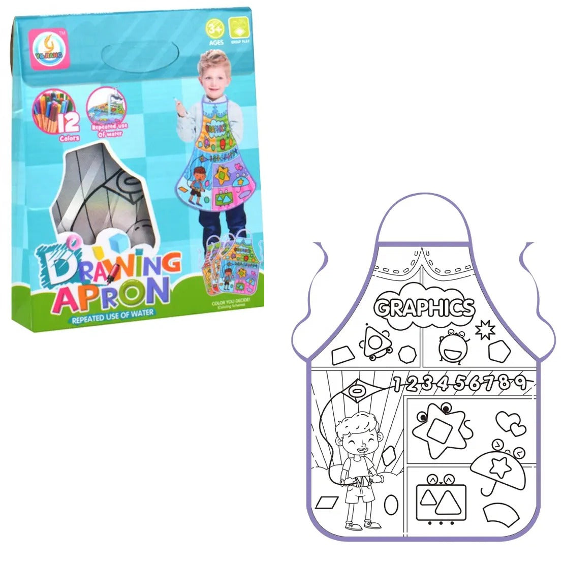 Washable Drawing Apron with 12 Colorful Marker Set - 10D