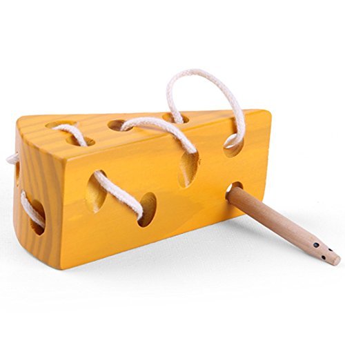Wooden Cheese Activity Toy for Baby and Kids, Lacing Game for Montessori Preschool Children, Mouse and Cheese String Educational Puzzle Good for Travel and Home Play, Perfect for Boys and Girls 2 & Up