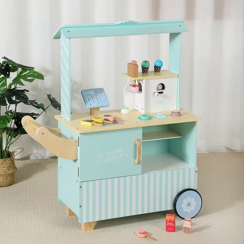 Wooden Ice Cream Cart for Kids | Pretend Play Dessert Shop with Wheels & Cash Register (3–7 Years)