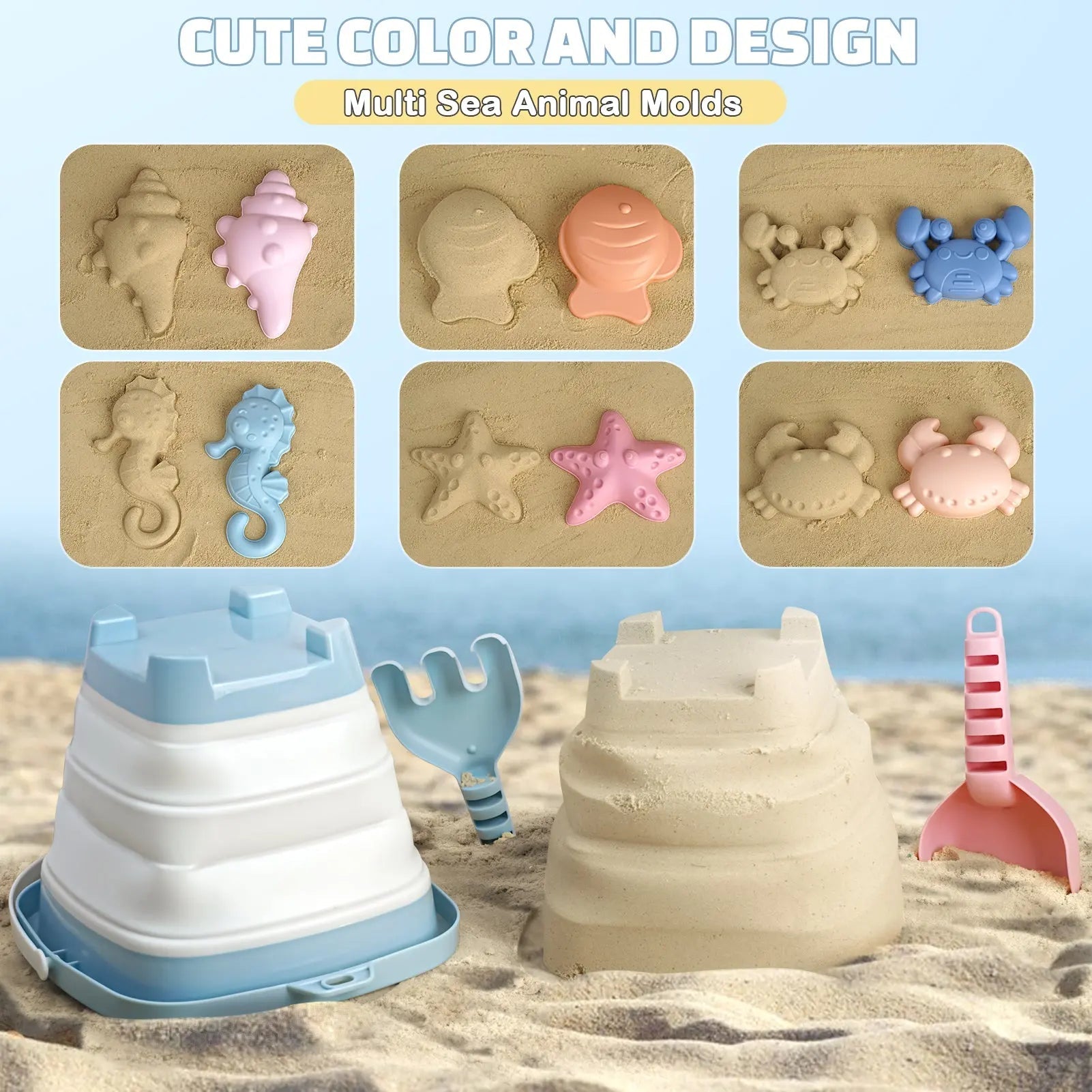Kit de jeu de sable portable avec seaux pliables et sac de rangement en filet