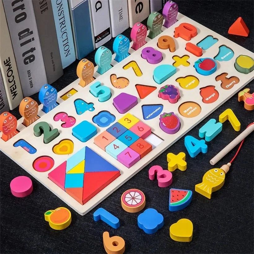 Wooden Multifunctional logarithmic Busy Board With Tangram Puzzle - 419