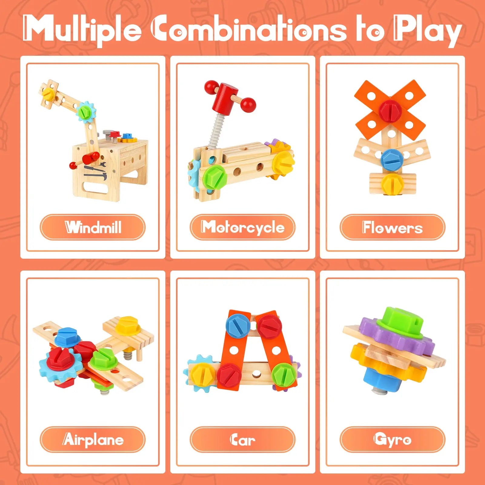 Fidtoy Juego de herramientas de madera para niños, 30 piezas, juguete de construcción para juegos de imitación para niños pequeños