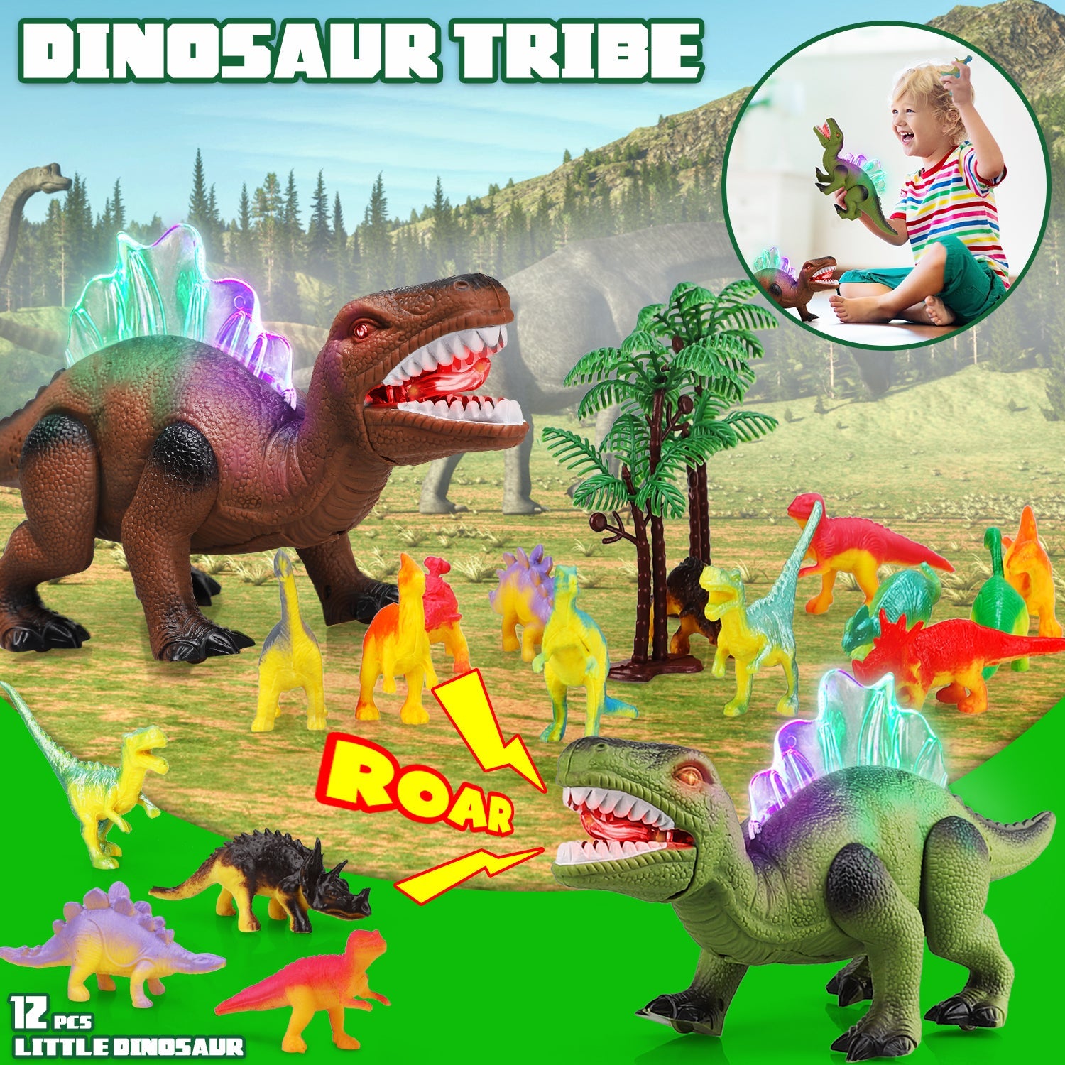 Fidtoy Walking Dinosaur Toy for Kids with Lights and Roar