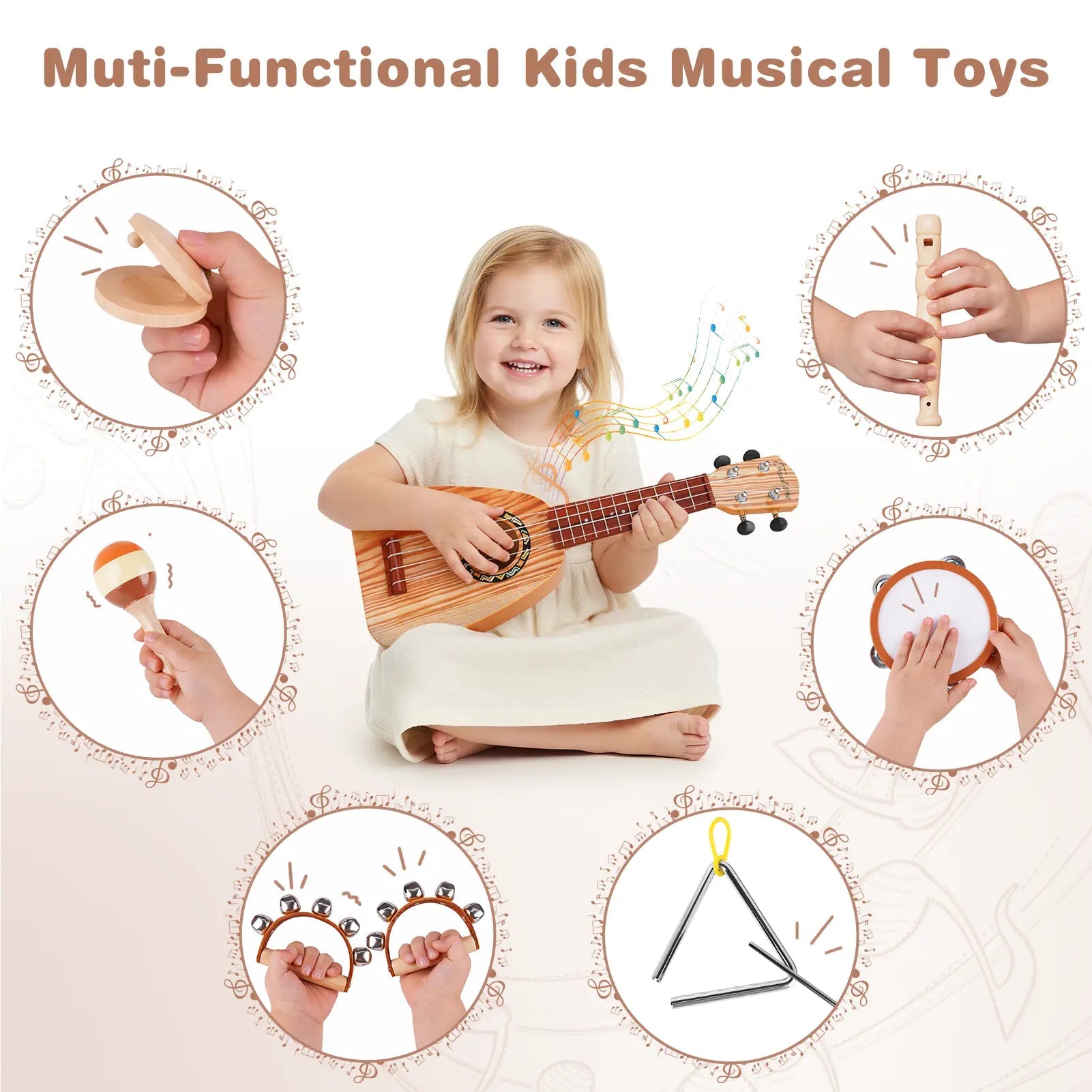 Fidtoy - Juego de 7 juguetes musicales para niños pequeños, juego de instrumentos de ukelele para el aprendizaje del ritmo de los niños