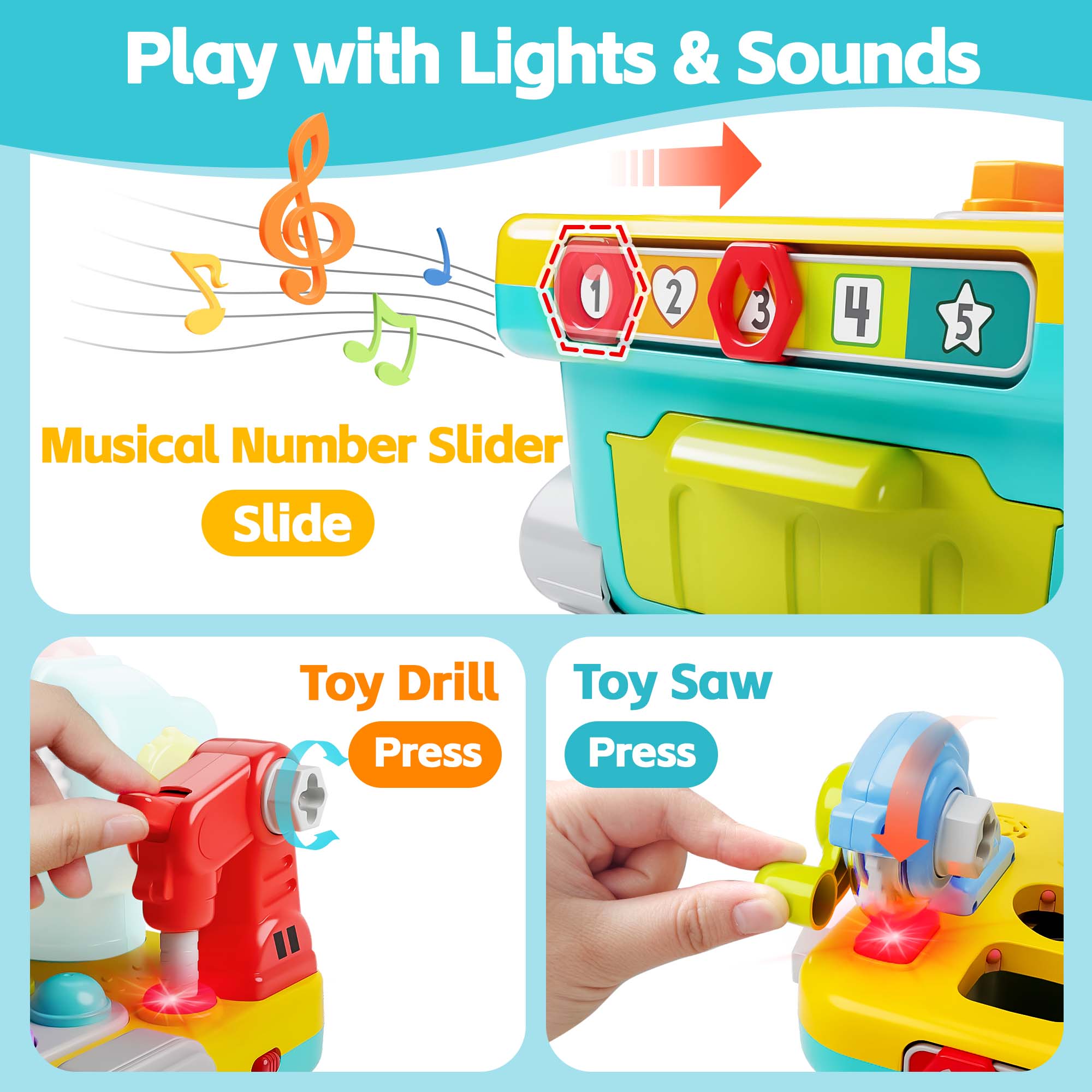 Toddler Musical Workbench Toys for One Year Old Boys, Baby Pretend Play Tool Set