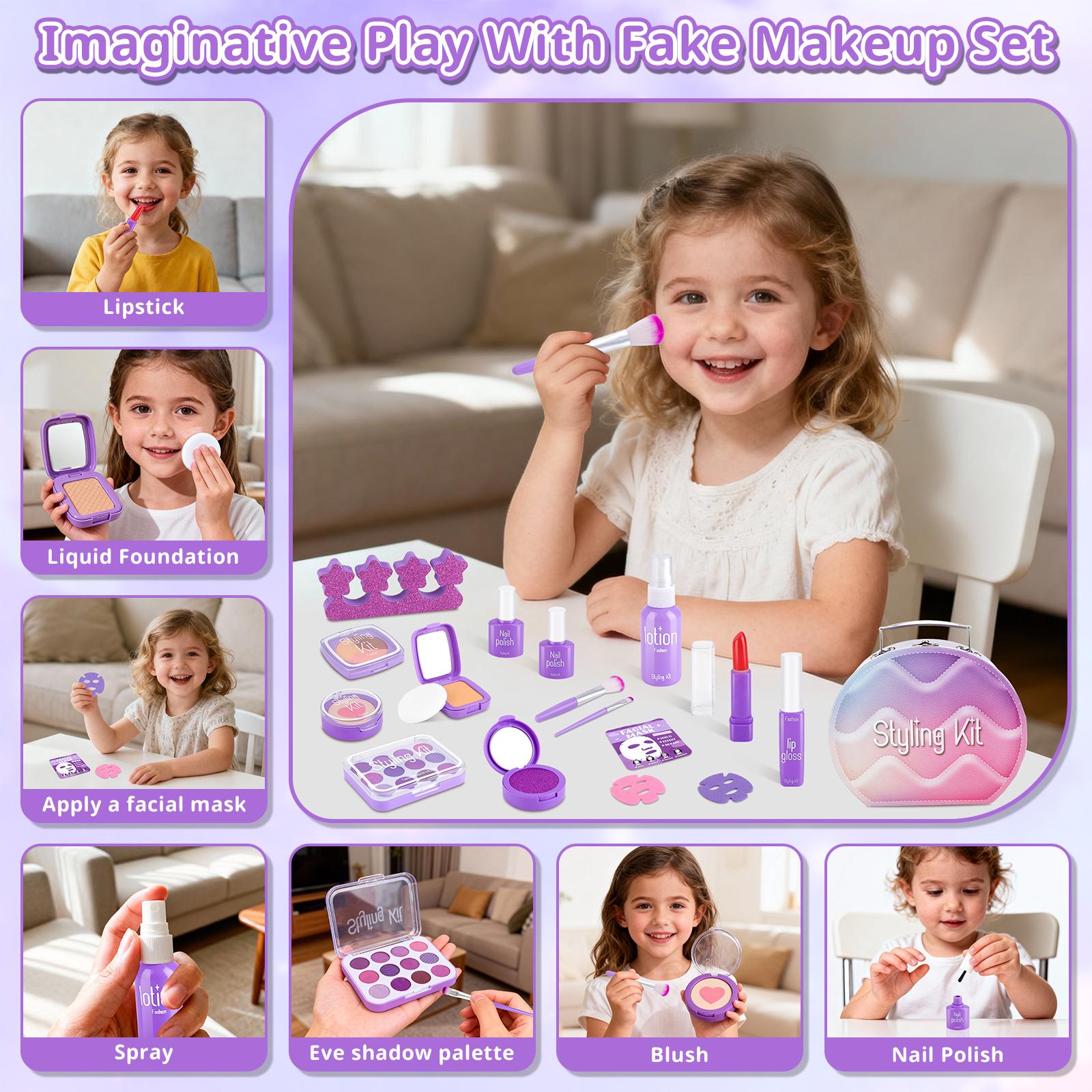 Girls Pretend Makeup Kit with Carry Case My First Kids Makeup Playset for Toddlers Safe Mess-Free Fake Makeup Complete Playset for Imagination Role Play Early Learning Perfect Gift for Girls 3+