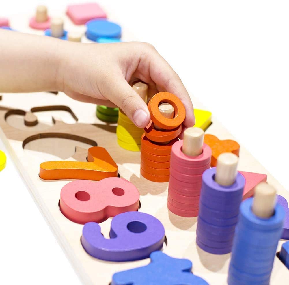 Kiditos (Three in One) Wooden Digital Shape Pairing Puzzle Sorting Montessori, Game for Kids 2 to 5 Year, Math Block Stacking Toy for Boys and Girls