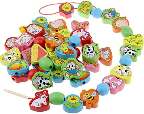 63 Piece Colorful Wood Animal Pair On The Rope Lacing Beads Early Teaching Toy