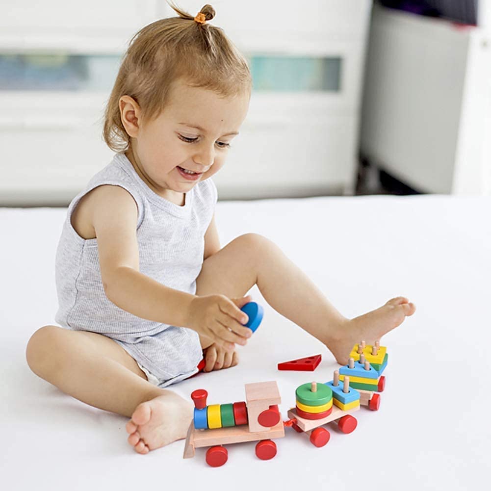 Fidtoy Wooden Stacking Train Toy for Toddlers Learning Play