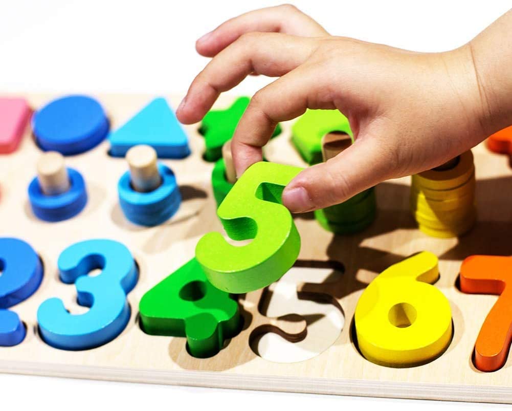 Kiditos (Three in One) Wooden Digital Shape Pairing Puzzle Sorting Montessori, Game for Kids 2 to 5 Year, Math Block Stacking Toy for Boys and Girls