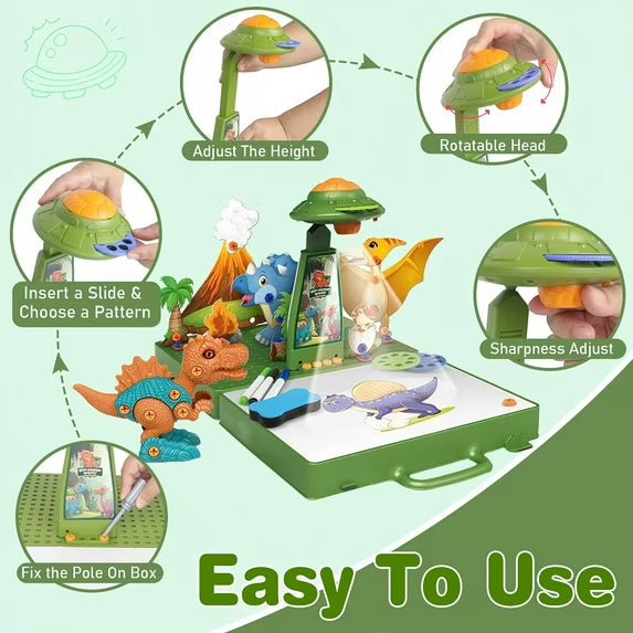 Fidtoy Projecteur de Dessin 5 en 1 avec Figurine Dinosaure à Monter, Jouet Projecteur de Dessin pour Enfants avec Puzzle 3D, Montage à Vis, Stylos Colorés et Tableau Réutilisable Âge 5+