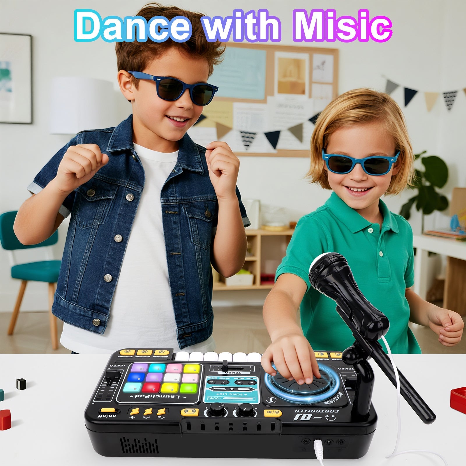 Kids DJ Mixer Music Toy with Microphone DJ Controller with Launchpad, Light-Up Keys, Sound Effects, Bluetooth Function Educational Musical Toy for Boys Girls Ages 3+ Kids Mixer Music Toy